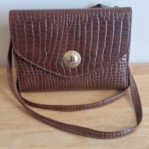Vintage Brown Croc Embossed Organizer Crossbody Bag Purse